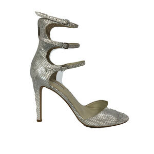 BCBG  Sandals Womens Sz 10 Silver Gray Snake Print Stiletto Buckles Ankle Straps